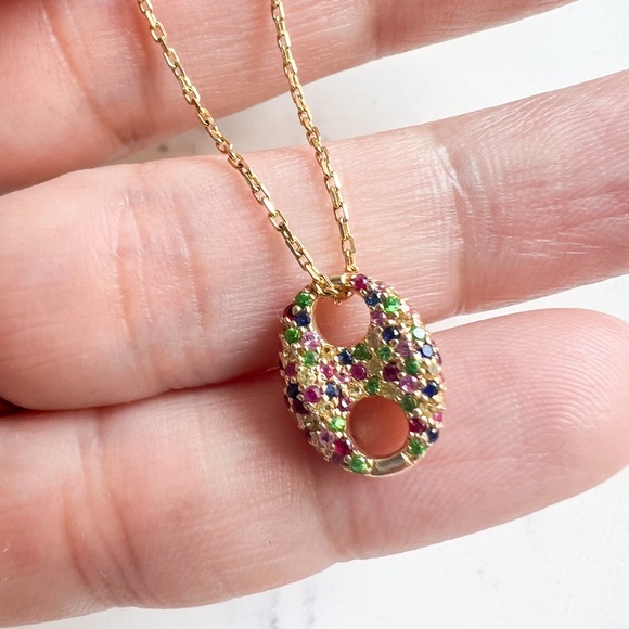 Multi Gemstone Rainbow Puffed Mariner Charm 14k Gold - Picture 4 of 5